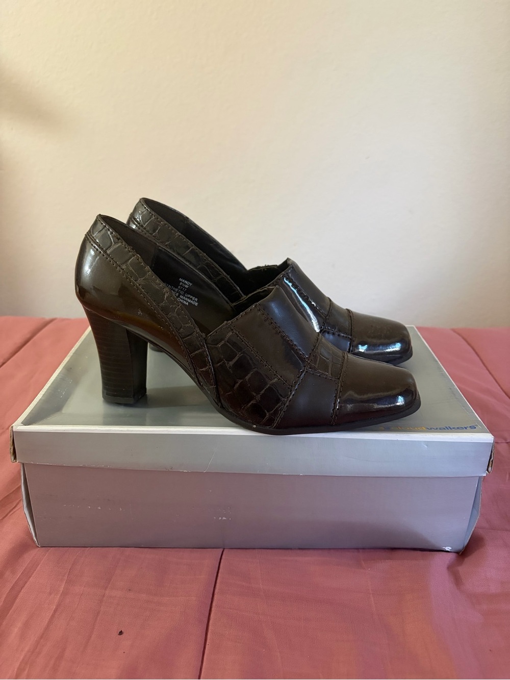 cloudwalkers Dark Brown Croc-Embossed Leather Block Heels